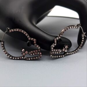 NWOT Dark Steel Toned Bejeweled Skull  Earrings With Black Stone Eye